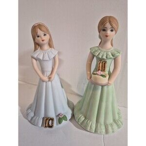 2 Enesco Birthday Growing Up Girls Porcelain Brunette Figurines 10 & 11 Years